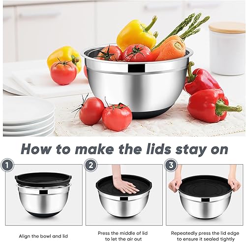 Miniatura 5 de TeamFar Tazones para mezclar con juego de tapas, 73.52.51.51 cuartos de galón, tazón grande de acero inoxidable para ensalada anidable, parte