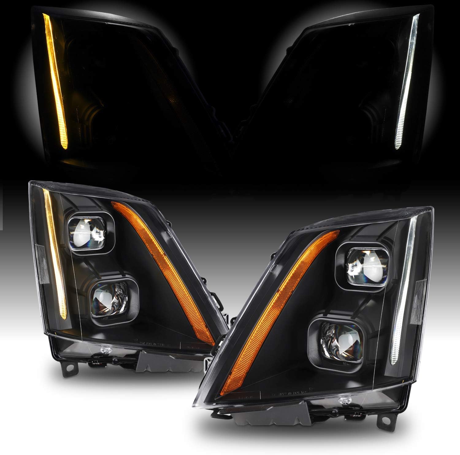For 2008-2014 Cadillac CTS Dual Projector Black Housing Switchback LED Headlights [Halogen Model]