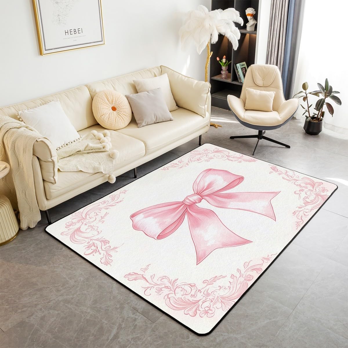 Erosebridal Pink Bowknot Carpet,Watercolor Bow Area Rug 3x5 for Bedroom Living Room Playroom,Fantasy European Flower Decorative Rug,Bow Tie Indoor Floor Mat Non Slip