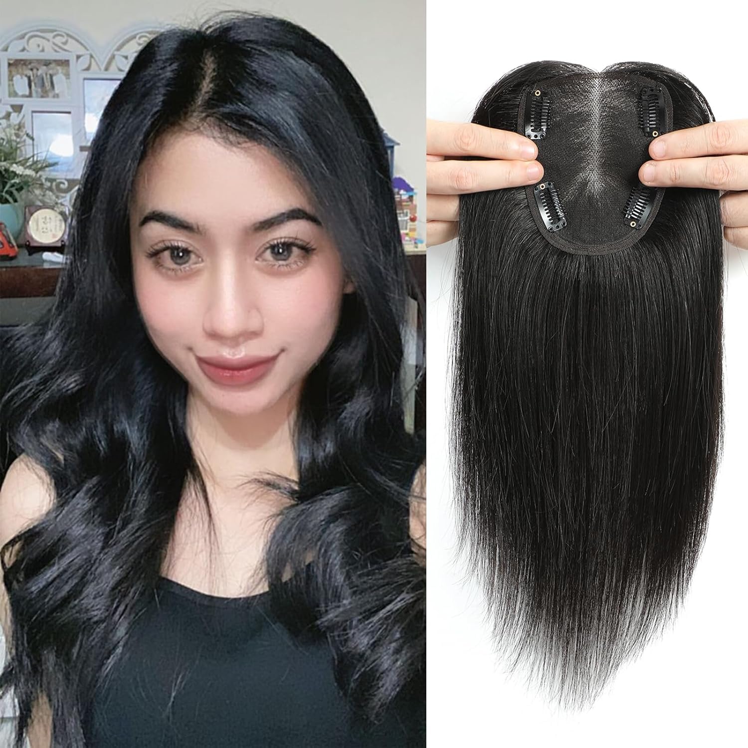 4 x 3.5 Inches Silk Base Light Weight 4 Clip Middle Partition Synthetic Hair Topper for Covering Grey,White or Thinning Hair Extensions Invisible Hair Topper,70 Gram (Black)