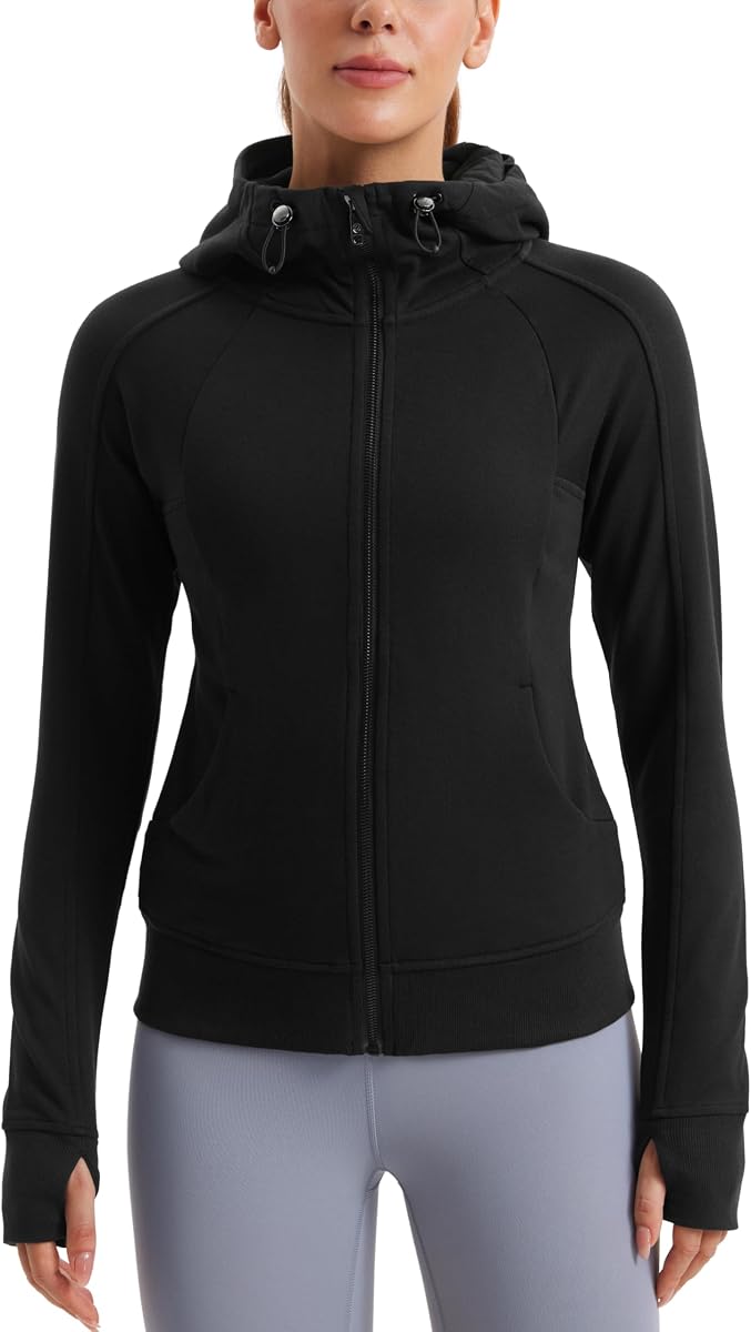 Womens Fleece Full Zip Hoodie Jackets Workout Hooded Zipper Basic Casual Sweatshirts with Thumb Holes