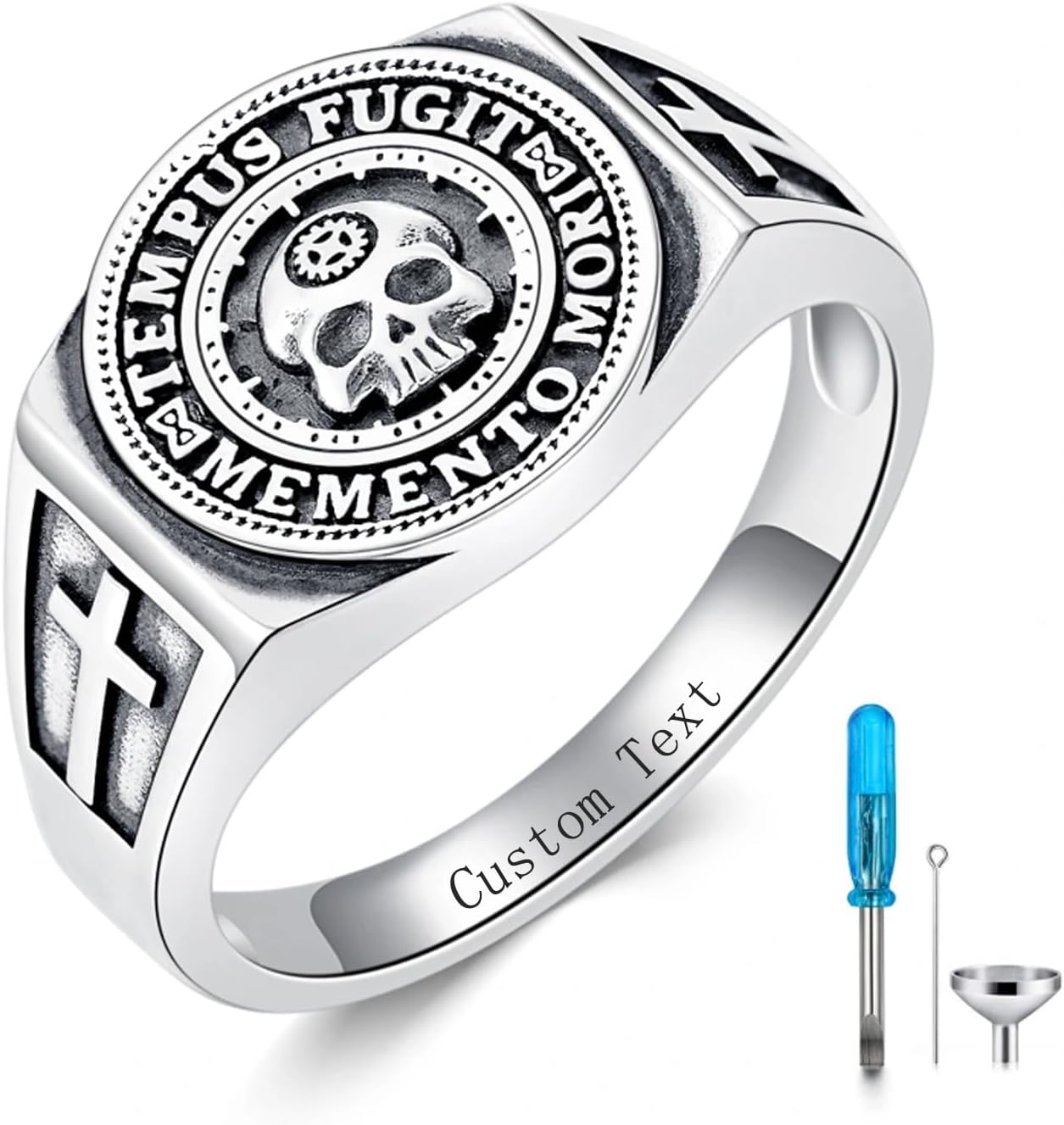 PROESS Memento Mori Urn Ring for Ashes 925 Sterling Silver Skull Cremation Ring Memento Mori Jewelry Gifts for Women Men for Christmas Father's Day Personalized Size 8-11
