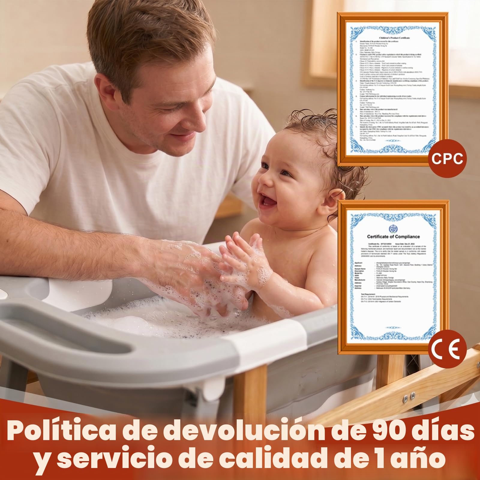 Bañera para bebés FUNLIO con soporte, bañera plegable y soporte de madera plegable para bebés de 0 a 24 meses, soporte seguro de 8 puntos, capacidad de 50 kg — Ergonómica y cómoda para la espalda