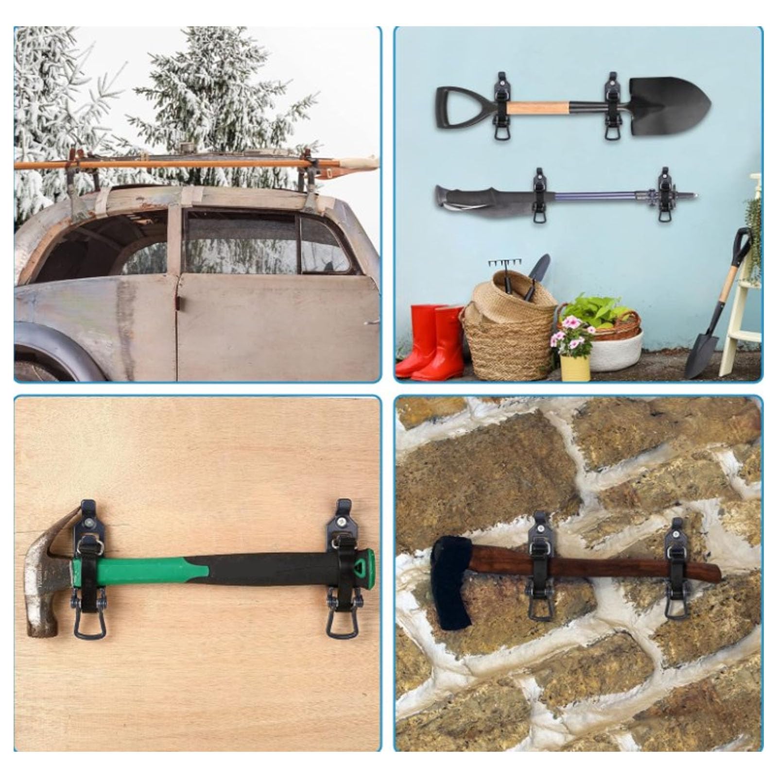 Dachregal Schaufel Mount Hochleistungsmultipurpose Metall Gummi -Klemme Montage -Halterung für Dachregalboote Werkzeug 4 Sätze Zinklegungs Axthalter Berghalter Kit Canoe Rack Wall (Schwarz)