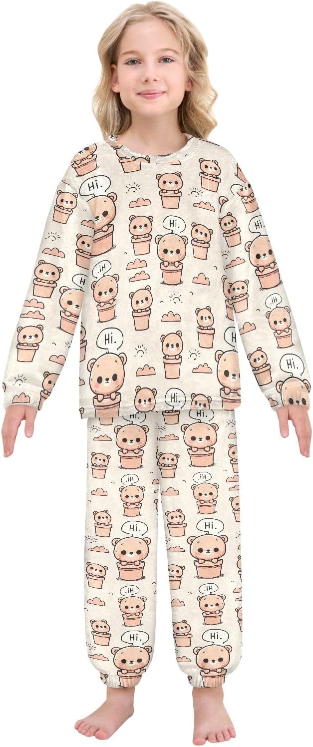 Kids Flannel Sets Cute Bear Saying Hi Warm Plush Relaxed Clothing for Boys and Girls