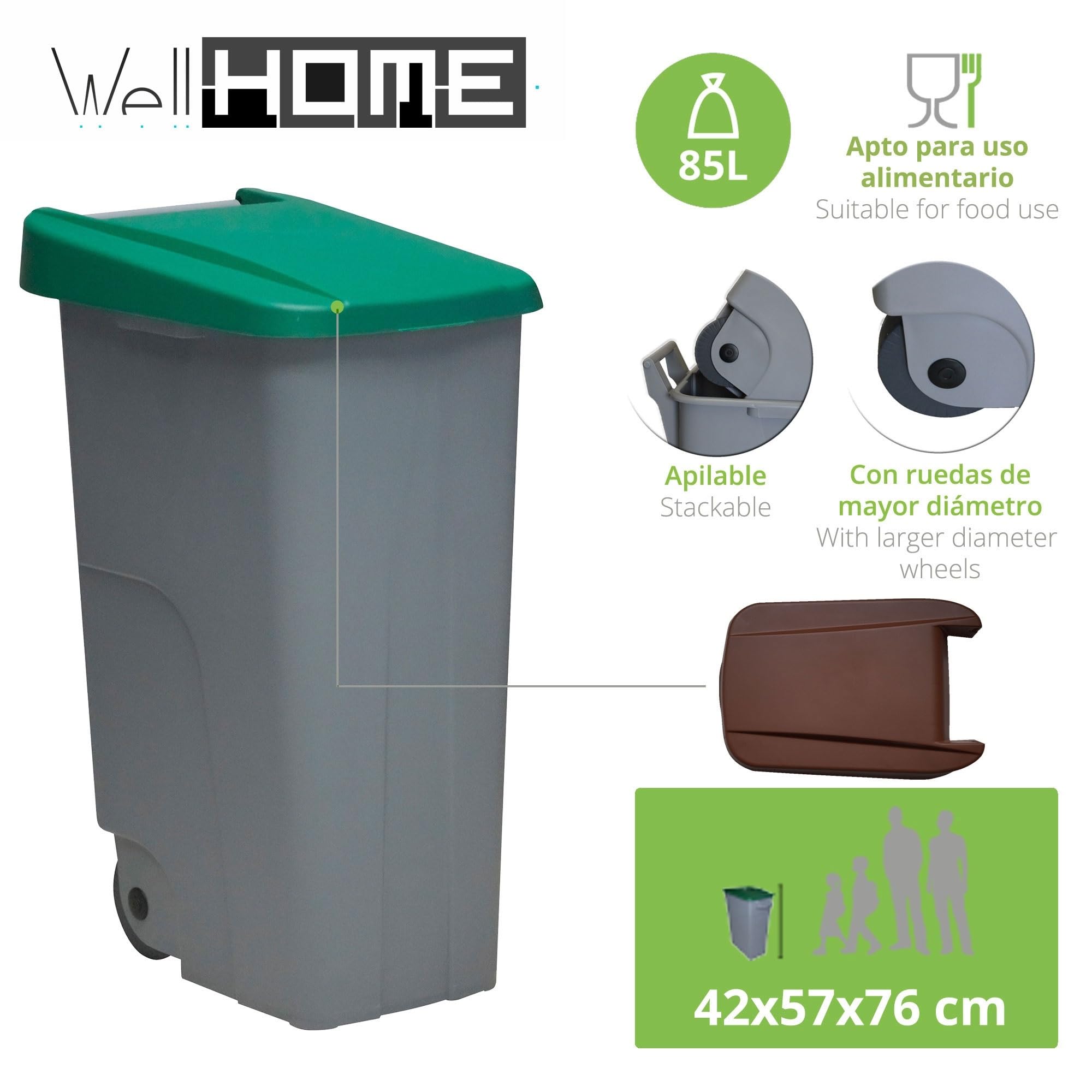 WELL HOME MOBILIARIO & DECORACIÓN Contenitore chiuso 85 l verde H.76 cm + rotolo 10 sacchetti della spazzatura 100 l