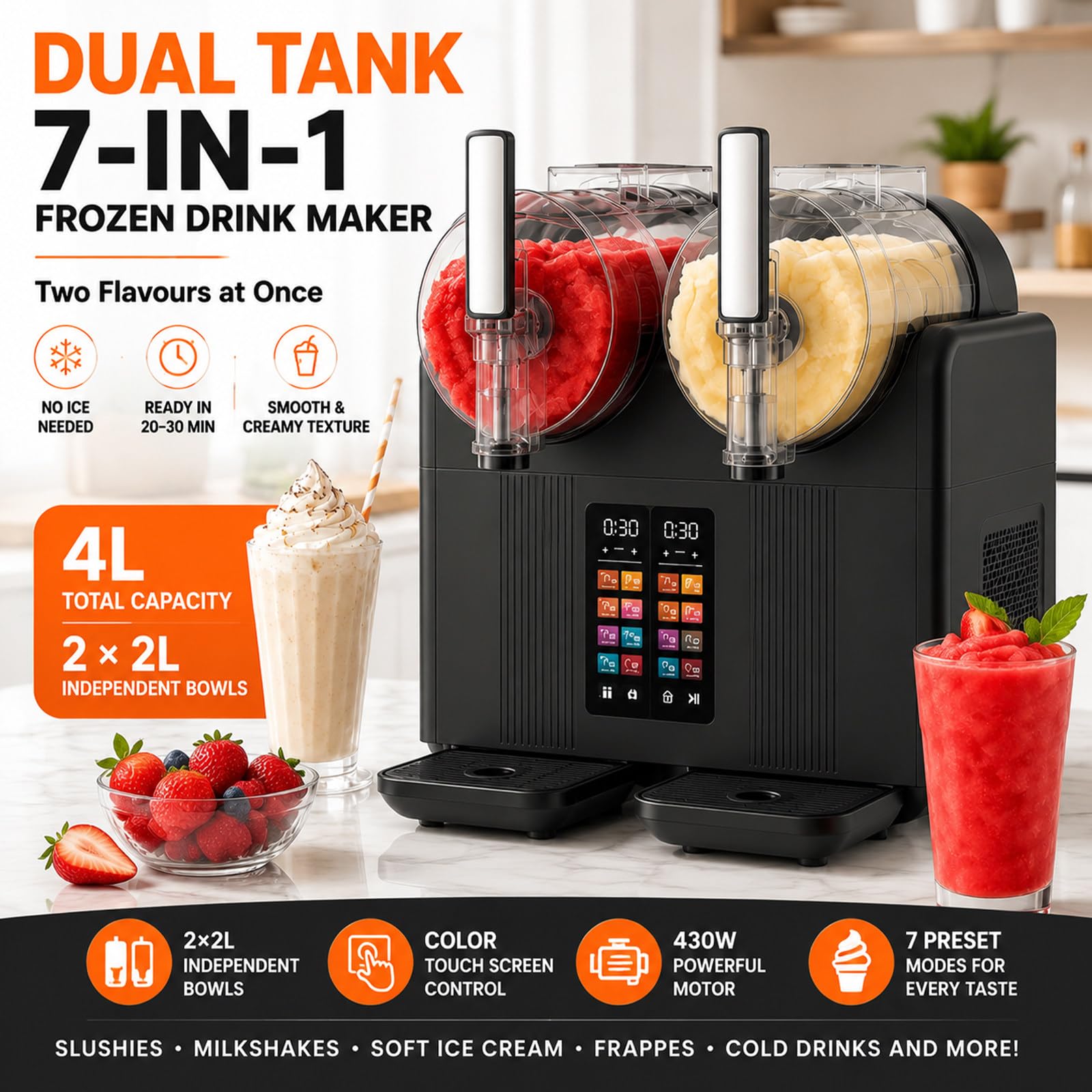 Máquina De Granizados Doble para El Hogar Y Comercio 4l Granizadora Eléctrica 430w De Enfriamiento Rápido Dispensador De Bebidas Y Helado para Hostelería Bar White