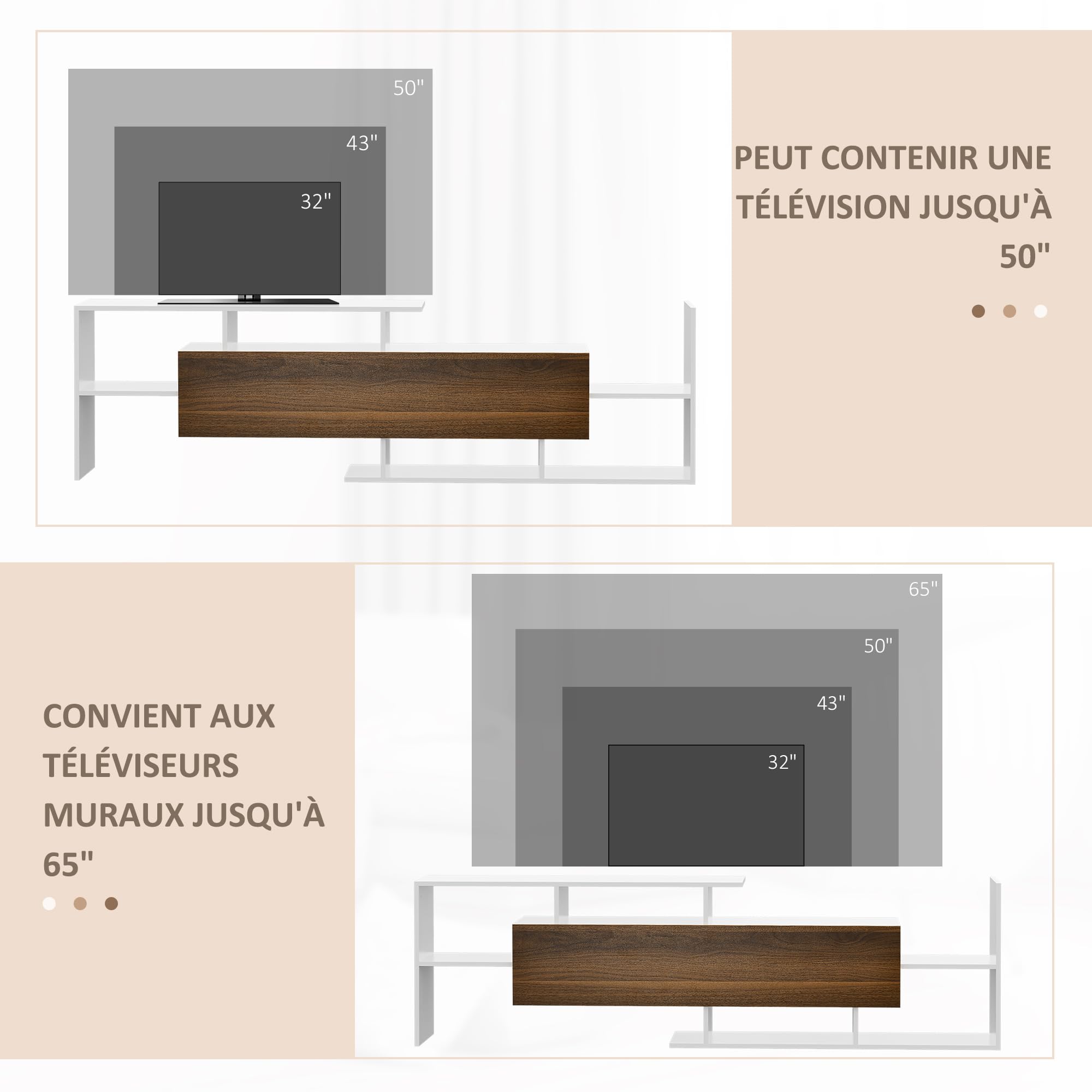 HOMCOM Ensemble Meuble TV avec Banc et étagère Murale Style Contemporain 153,6L cm - Blanc et Marron