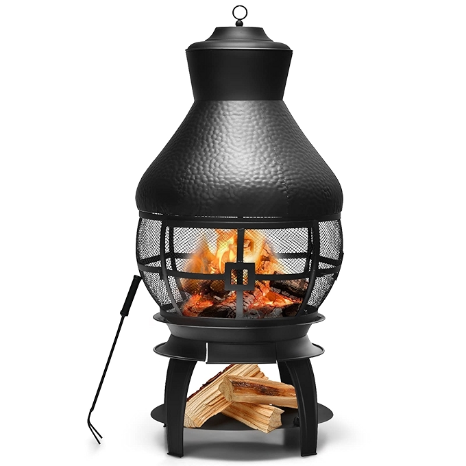 Giantex 户外木烧烟囱，重型火炉，带两件式木栅及防雨罩，适用于花园和露台