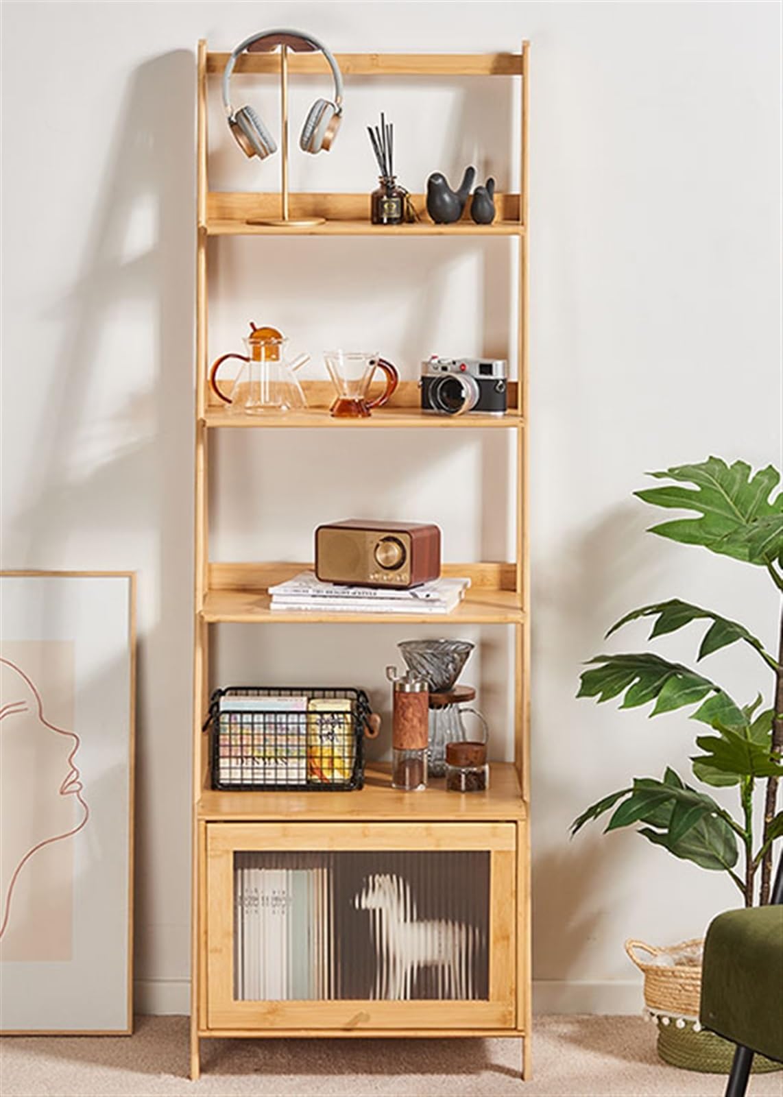 Scaffale A Scala In Bamb&ugrave; 5 Ripiani - Libreria Moderna Per Soggiorno, Ufficio E Camera