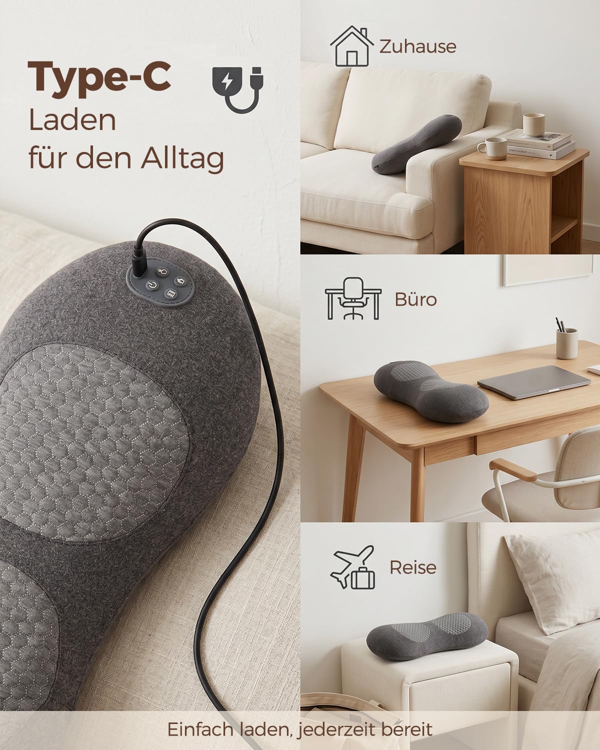 3 in 1 Rückenmassagegerät mit Wärmefunktion für Nacken & Rücken | Massagekissen mit Luftkompression, Vibration und 3 Wärmestufen; weicher Stoff, USB-C Laden für Schultern und Rücken
