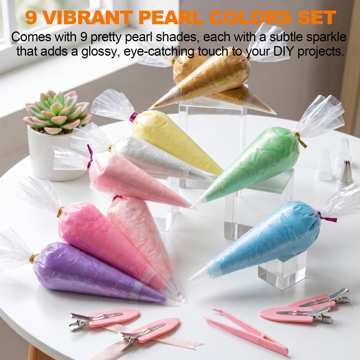 9Pcs Decoden Pearlescent Cream Glue Kit, 50g Fake Whipped Cream Glue for DIY Phone Case Hairpin Mirror, Handmade Craft for Birthday Christmas, with Plastic Decorating Mouth