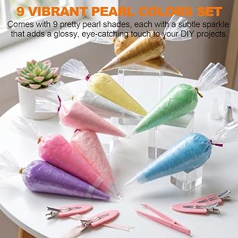 9Pcs Decoden Pearlescent Cream Glue Kit, 50g Fake Whipped Cream Glue for DIY Phone Case Hairpin Mirror, Handmade Craft for Birthday Christmas, with Plastic Decorating Mouth