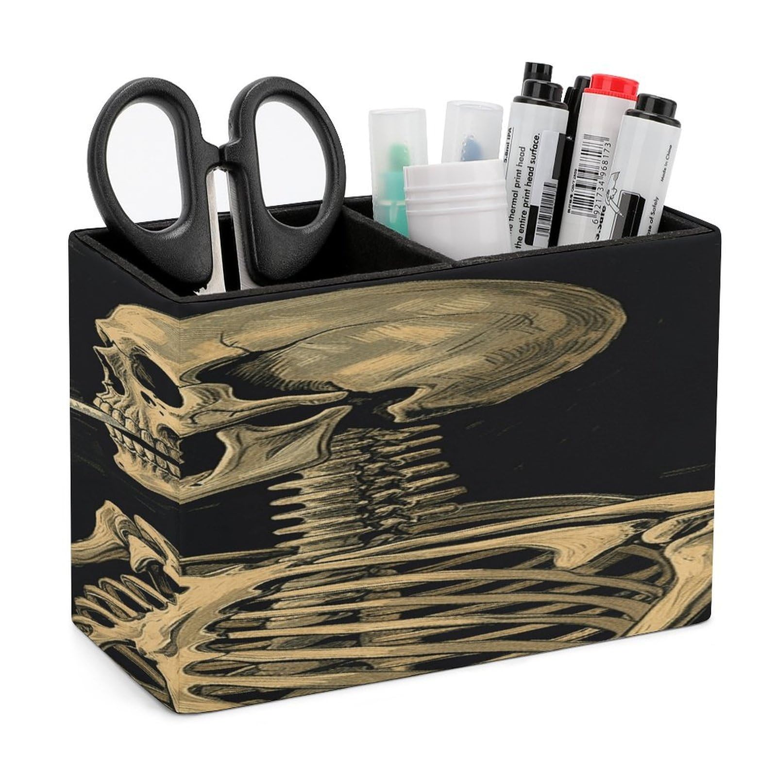 FekiLoot A Skeleton with Burning Cigarette Leather Pen Holder for Desk Double Compartments Brush Minimalist PU Leather Pencil Holder Locker Organizer for Work Locker Accessories Pencil Cup for Desk