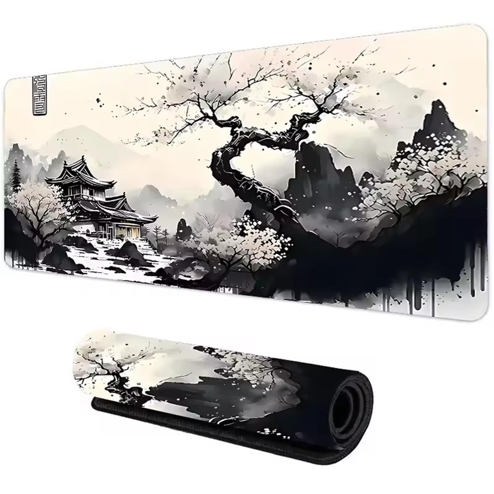 Alfombrilla Ratón Gaming XXL,1500x800x3mm Mouse Pad Gaming,Tapete Escritorio Grande con Bordes Cosidos y Base de Goma Antideslizante Mousepad para Jugadores,PC,Oficina,Hogar(Paisaje Negro)
