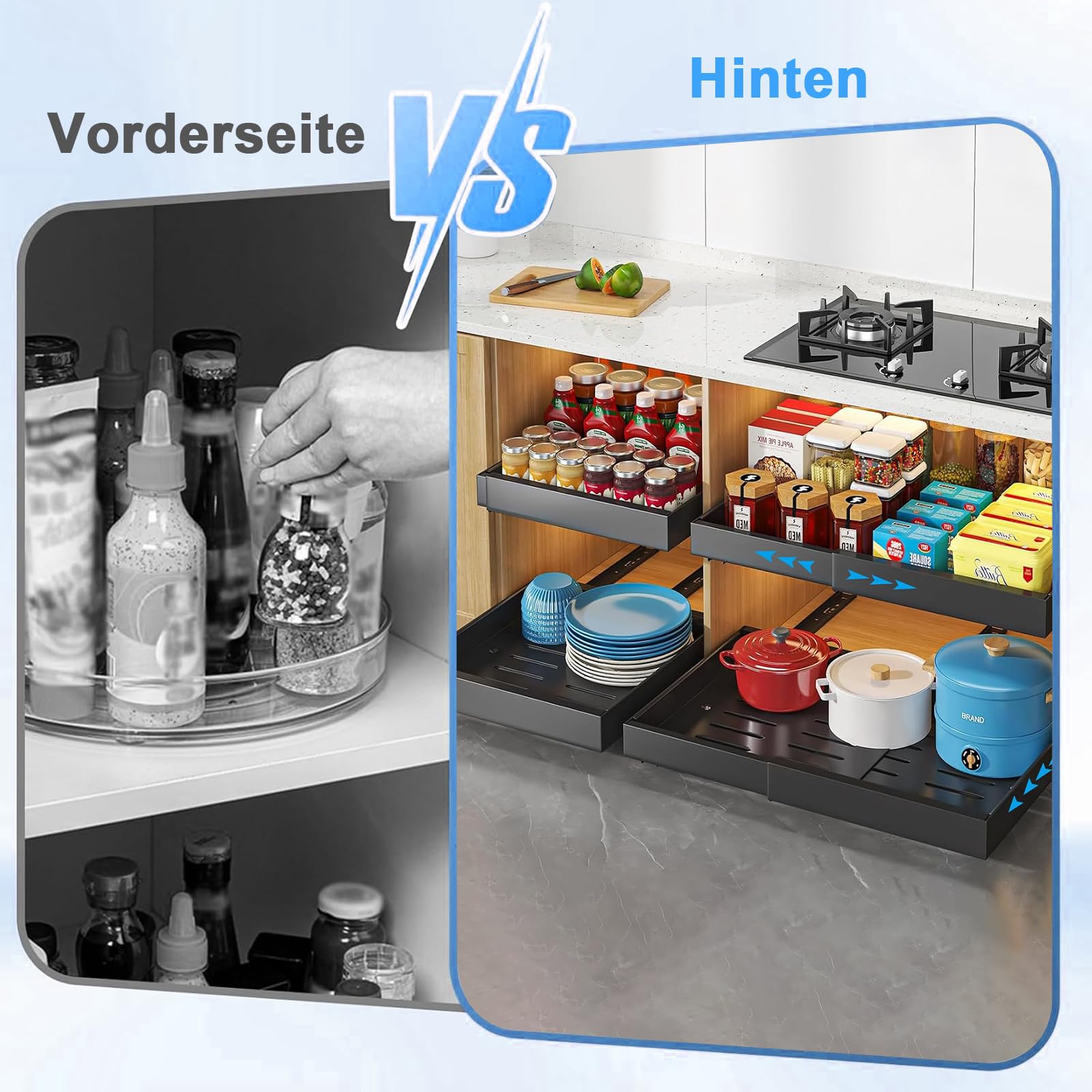 Lot de 2 tiroirs télescopiques pour armoires de cuisine, largeur réglable 32 cm à 52 cm, organiseur de placard de cuisine extensible avec fixation adhésive nano film (noir)