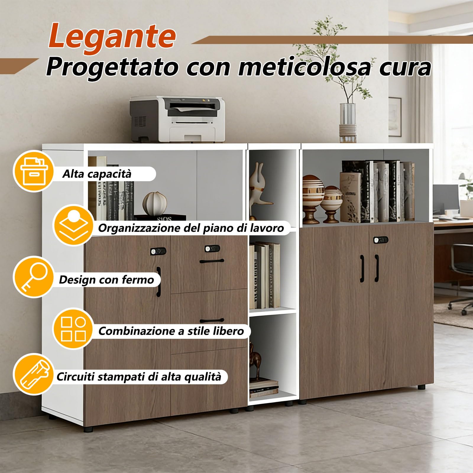 Schedario da Ufficio in Legno con Serratura, Cassettiera Ufficio con 3 Cassetti e Anta, Mobile per Documenti A4 e Letter, Portadocumenti con Ripiani Aperti e Supporto Stampante