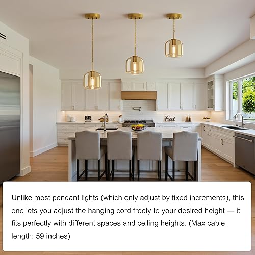 Miniatura 7 de Luces colgantes de isla de cocina, lámpara colgante dorada, luces colgantes de latón con pantalla de vidrio ámbar, lámpara colgante ajustable para