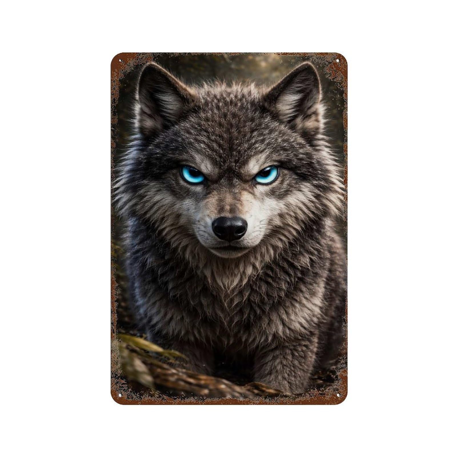 Vintage Rust Metal Sign Intense Wolf Portrait with Glowing Eyes 11.8"x7.9", Industrial Home Decor for Farmhouse, Kitchen And Entryway Decor