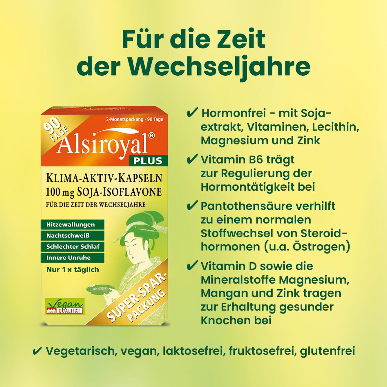 Alsiroyal PLUS Klima-Aktiv-Kapseln · eigene klinische Studie · Wechseljahre · 100 mg Soja-Isoflavone hochdosiert · 20 Mikronährstoffe · Bei Hitzewallungen, Nachtschweiß, schlechtem Schlaf
