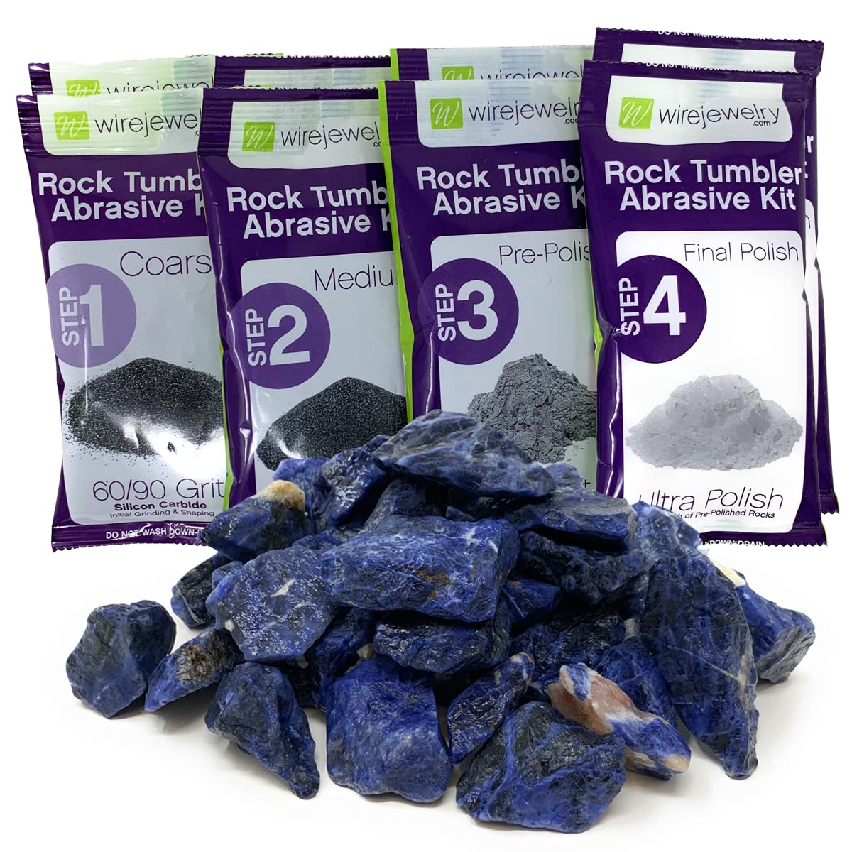 Wirejewelry Sodalite Rock Tumbler Refill Kit - 3 Lbs. of Sodalite Stone and 2 Batches of 4 Step Abrasive Grit and Polish