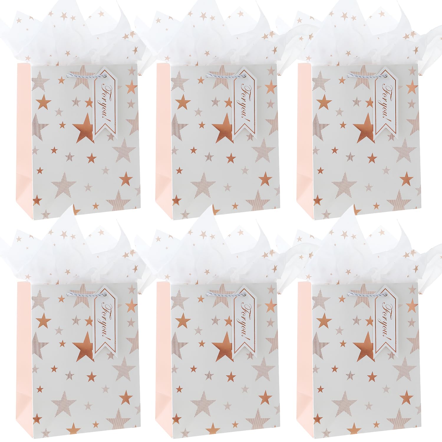 Medium Gift Bags for Present,6Pcs Paper Bag with Handles Tissue Paper Gift Tags for Men Women Birthday Wedding Party Christmas Father's Day and Any Occation (Rose Gold)