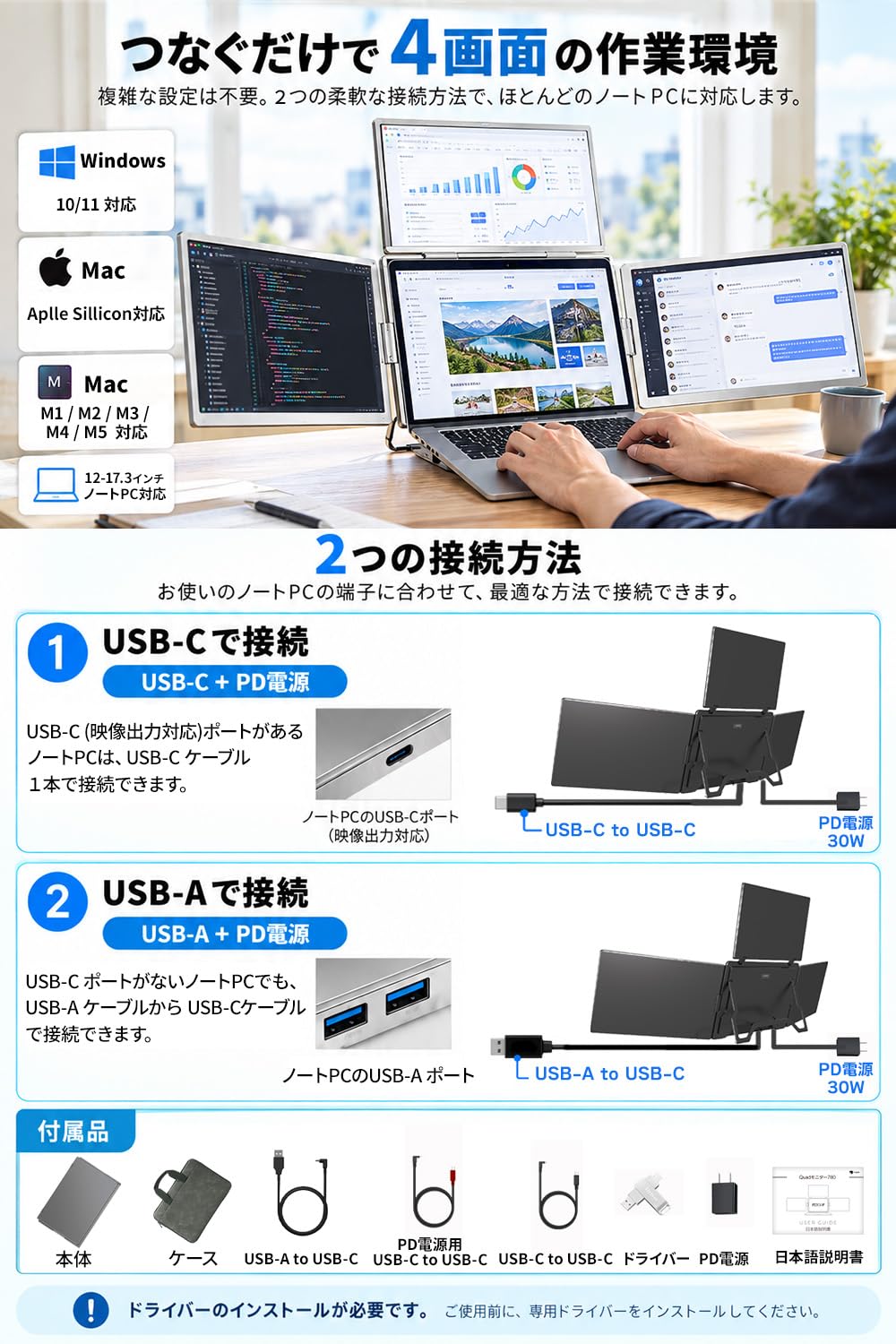 Amazon.co.jp: PETOOP トリプルモニター 14インチ 4画面 3画面 拡張