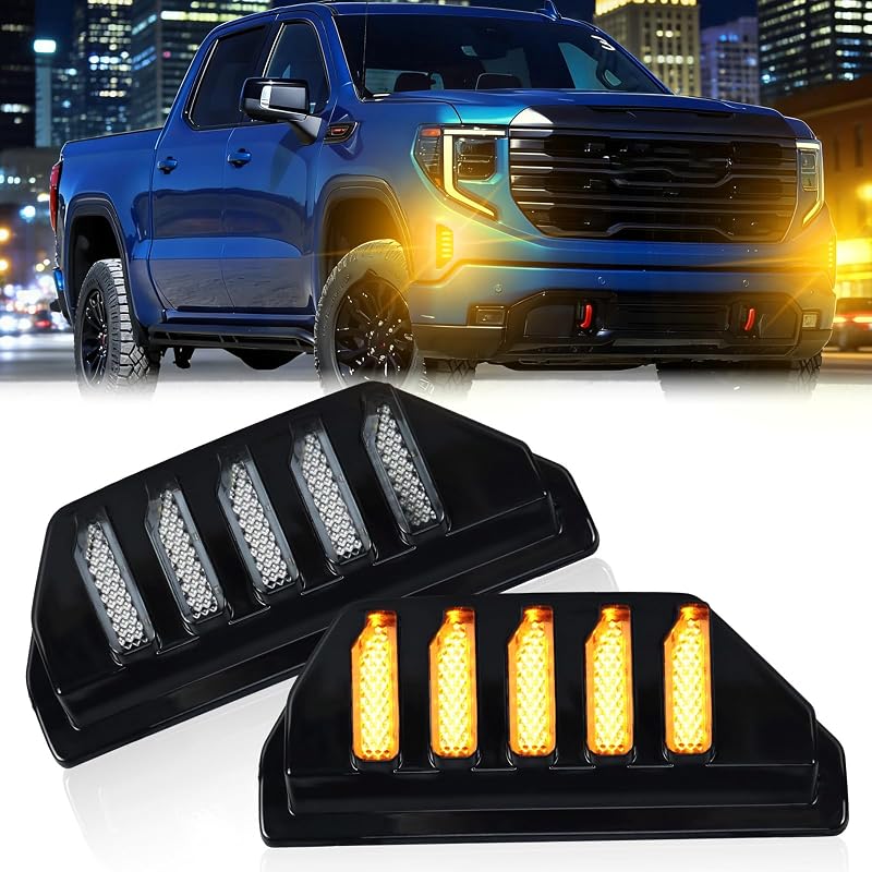 Luzes LED dianteiras para para-choque GMC Sierra 1500 2022-2026 INUBOXES com DRL branco e seta sequencial âmbar – Par