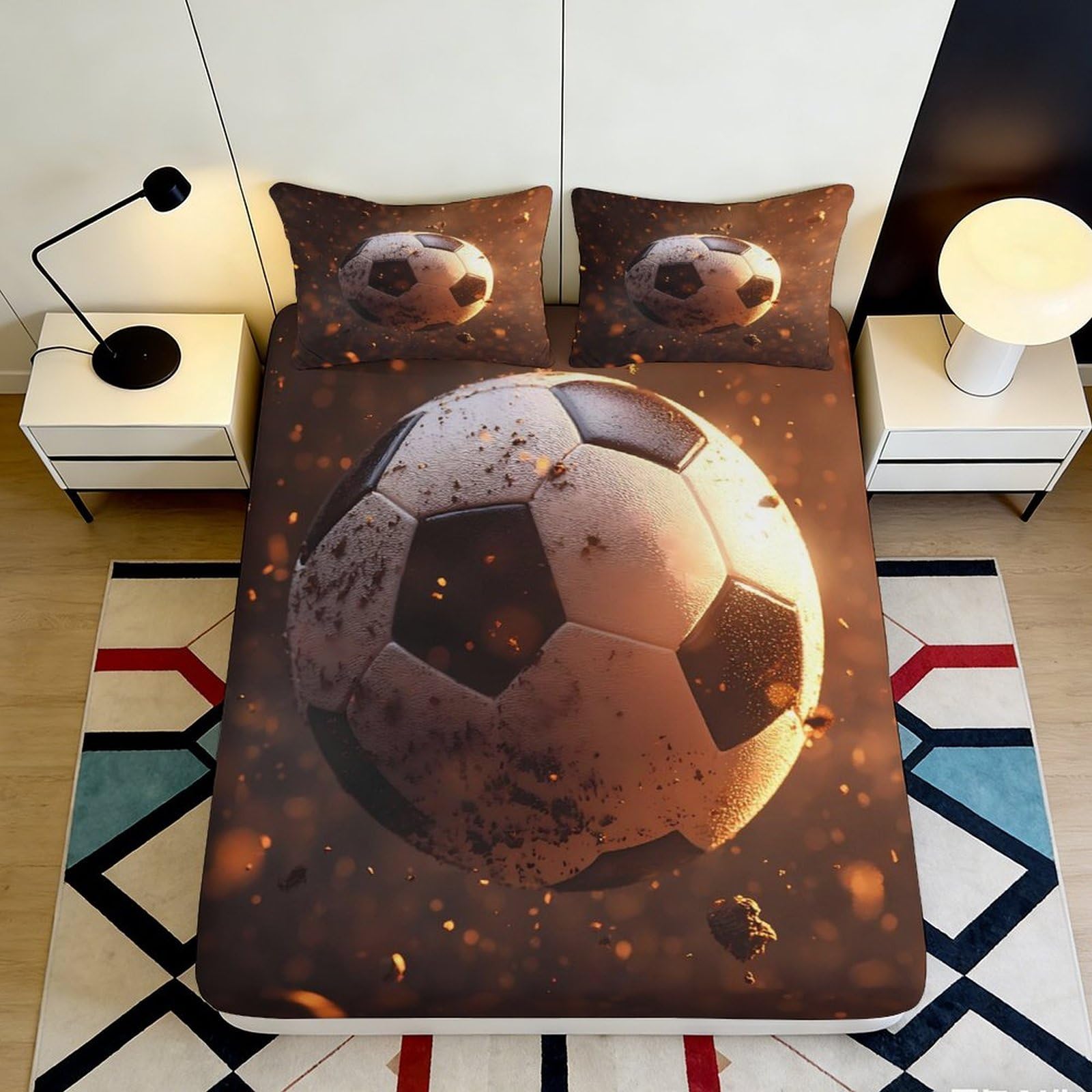 3D Printed Football Fitted Sheet Microfiber Deep Pocket Bedroom Bedding Football Mattress Fitted Cover Non-Slip Elastic Hem 140x200x25cm