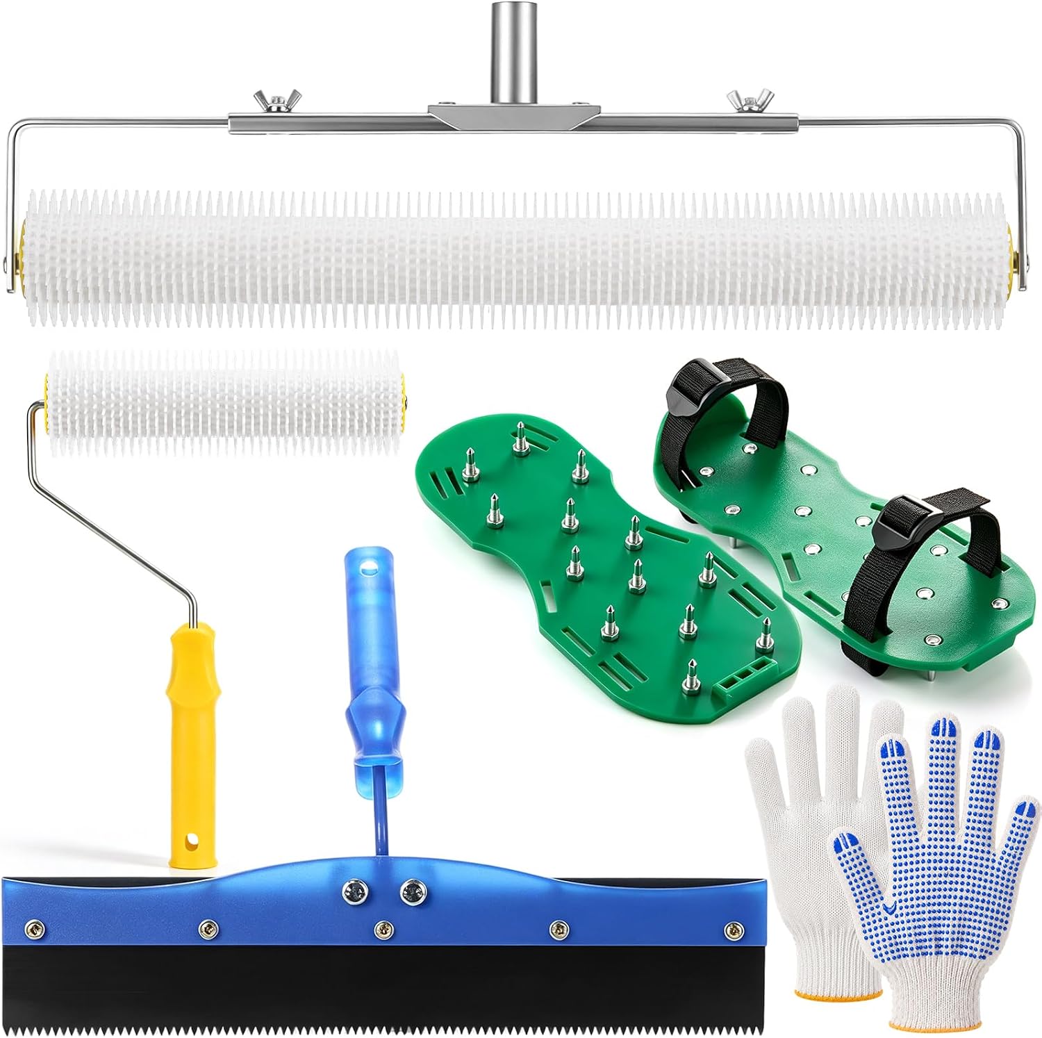 Leumoi Self Leveling Cement Tool Kit Upgraded Epoxy Floor Kit | 9" & 20" Spike Roller, 18" Epoxy Floor Squeegees, Spiked Shoes, Gloves Floors Levelings Tools for Cement, Mortar & Leveling