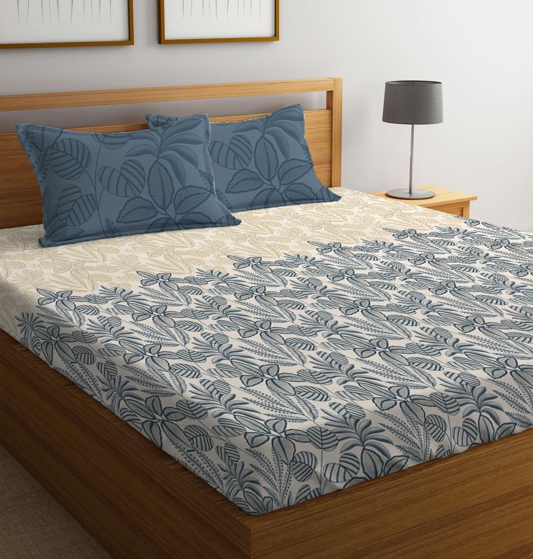 LOOMLYFE 300 TC Microfiber XXL Soft Cotton Super King Size Printed Bedsheet For Double Bed, 108 Inches X 108 Inches, 9 Feet, 275 X 275 Cm With 2 Large Size Pillow Covers - Bluecocunut