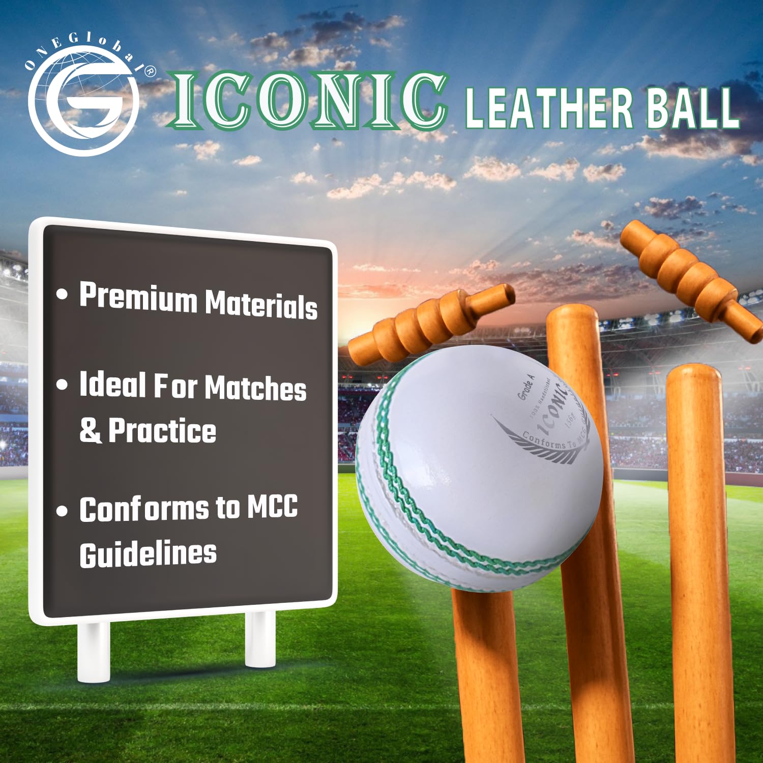 Balle de cricket emblématique en cuir | 100 % cousue à la main, 156 g – 5,5 oz, construction imperméable en 4 pièces | Balles de cricket rigides de qualité assortie