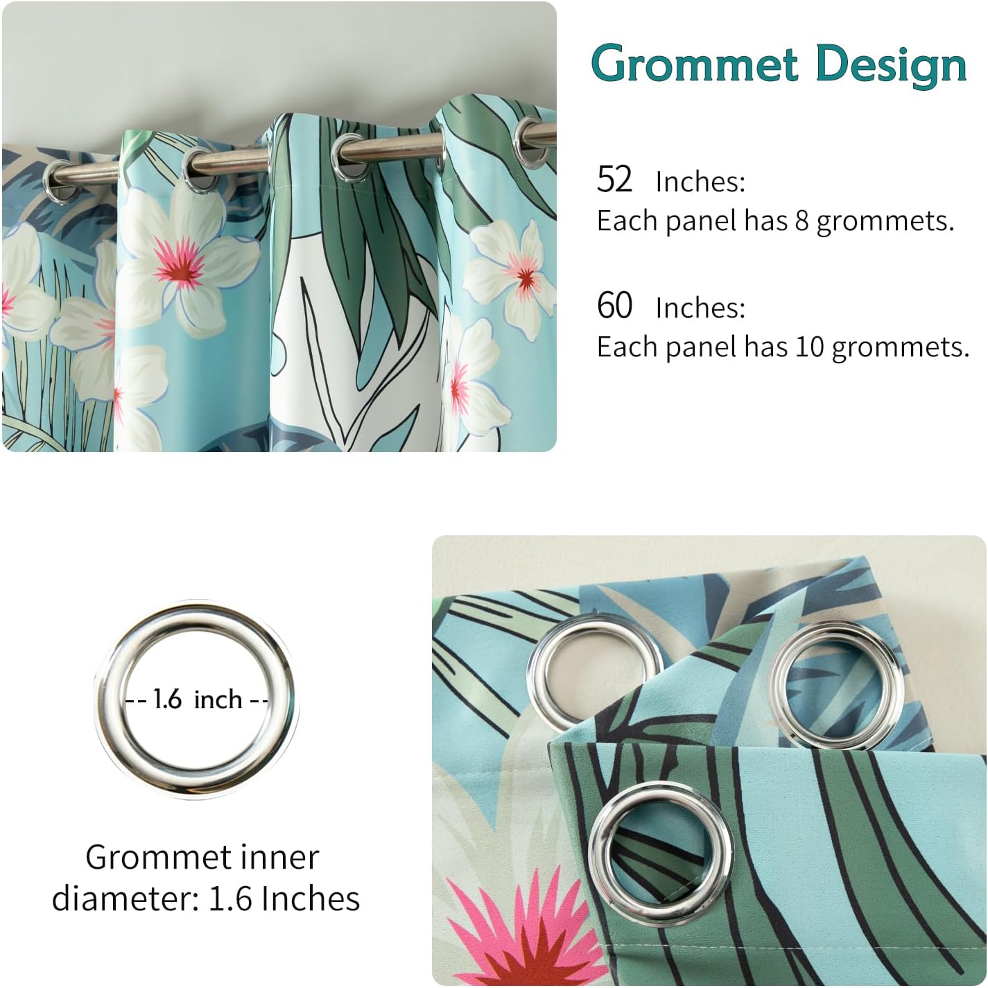 VOGOL Tropical Leaves Room Darkening Curtains, Flower Pattern Thermal Blackout Drapes with Grommet Top for Living Room and Bedroom, 52x84 Inches, 2 Panels