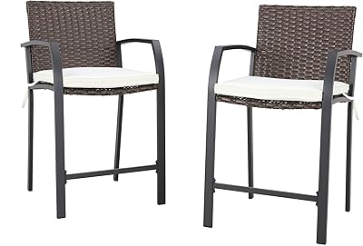 LOKATSE HOME Bar Stools Counter Height Chair Set of 2 Wicker Decoracted Patio Furniture with Armrest for Garden Pool Lawn Backyard, Beige