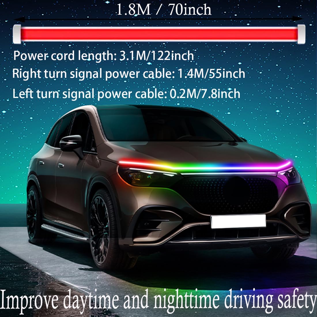 Tira de Luces LED para capó de Coche, luz Diurna Exterior Flexible e Impermeable, luz LED RGB Multicolor para capó, luz Diurna con escaneo dinámico, Apta para vehículos de 12V.