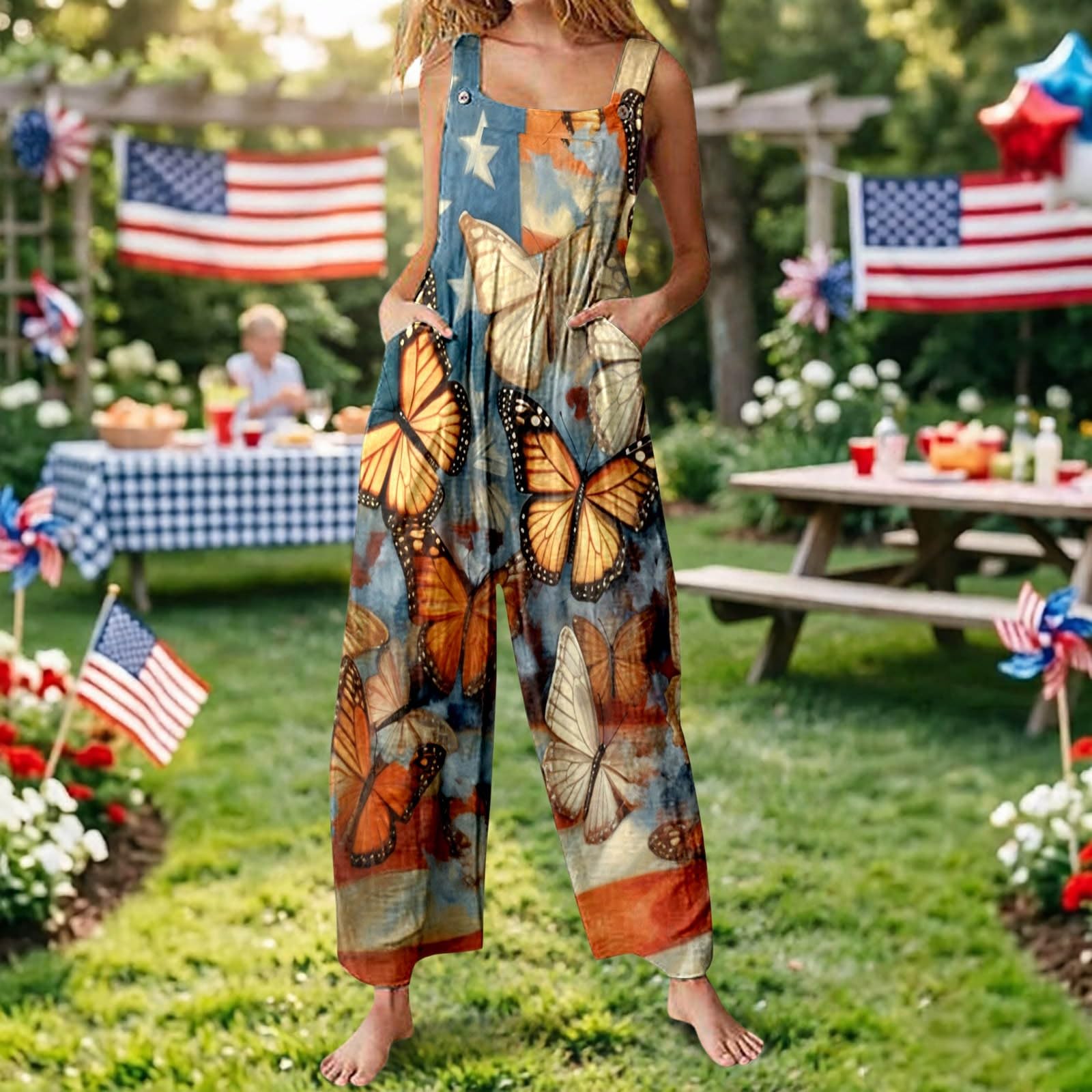WWricotta Mono con estampado de lentejuelas y estrellas para el evento del Día de la Independencia, festivo y cómodo, mujer, sin mangas, pantalón recto, bolsillos, para noche y celebraciones