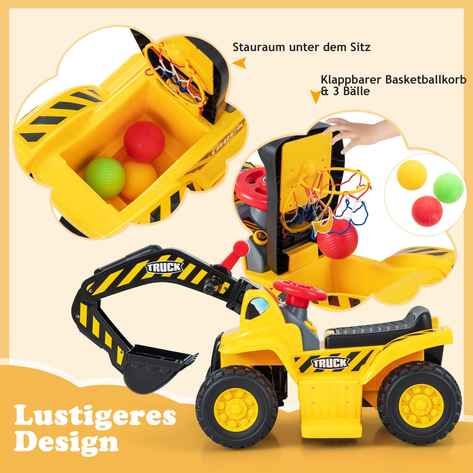 DREAMADE Bagger zum draufsitzen, Elektro Sitzbagger mit internem Stauraum, Kinderbagger mit Basketballkorb & Sound & Hupe & 3 Bällen, Sandbagger Aufsitzbagger für Kinder ab 2 Jahren