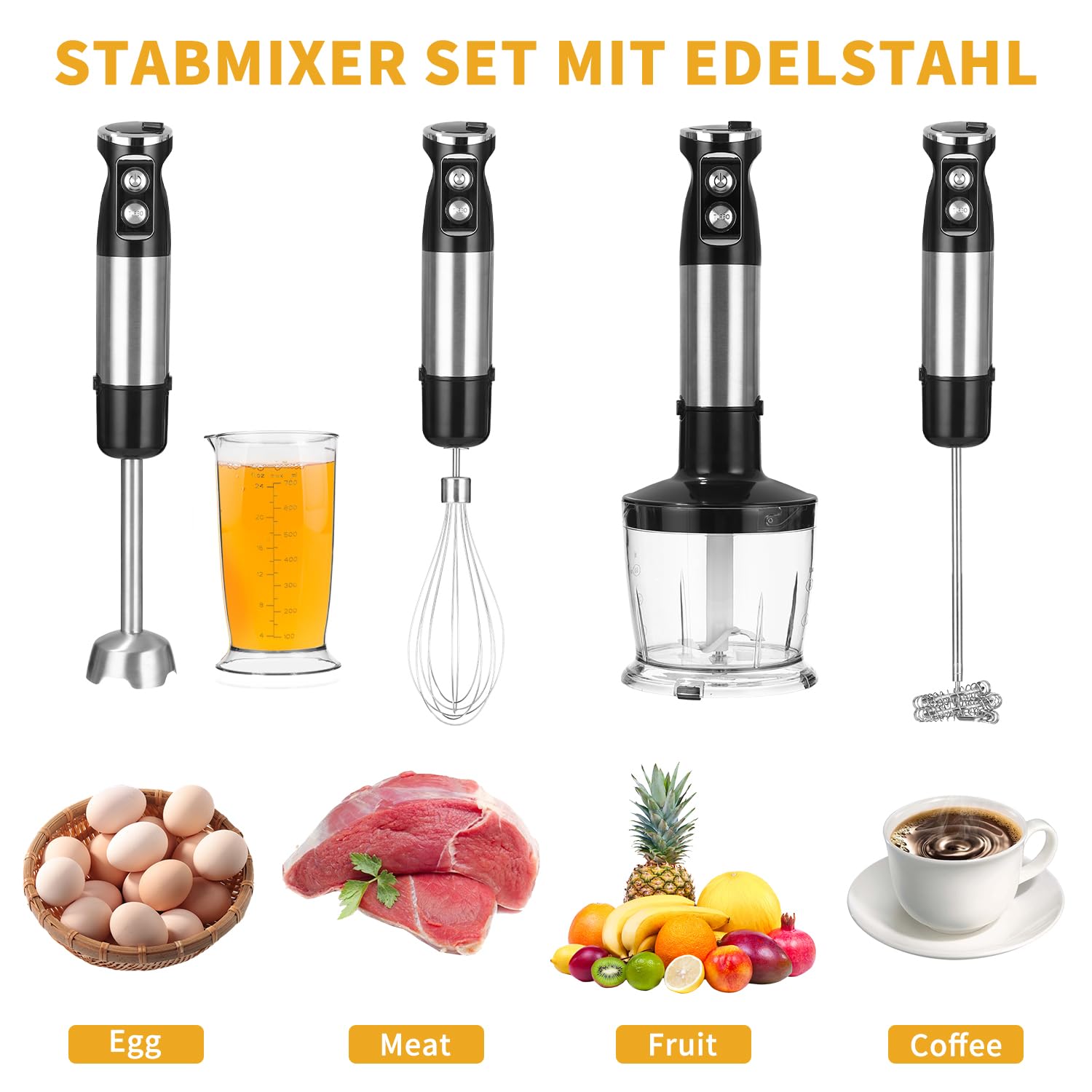 Mixeur Plongeant Inox 5 in 1 Mélangeur à Main Multifonction 1000W, 12 Vitesse Réglable, avec Fouet, Hachoir de 500ml et Verre Doseur 700 ml, Robot de Cuisine