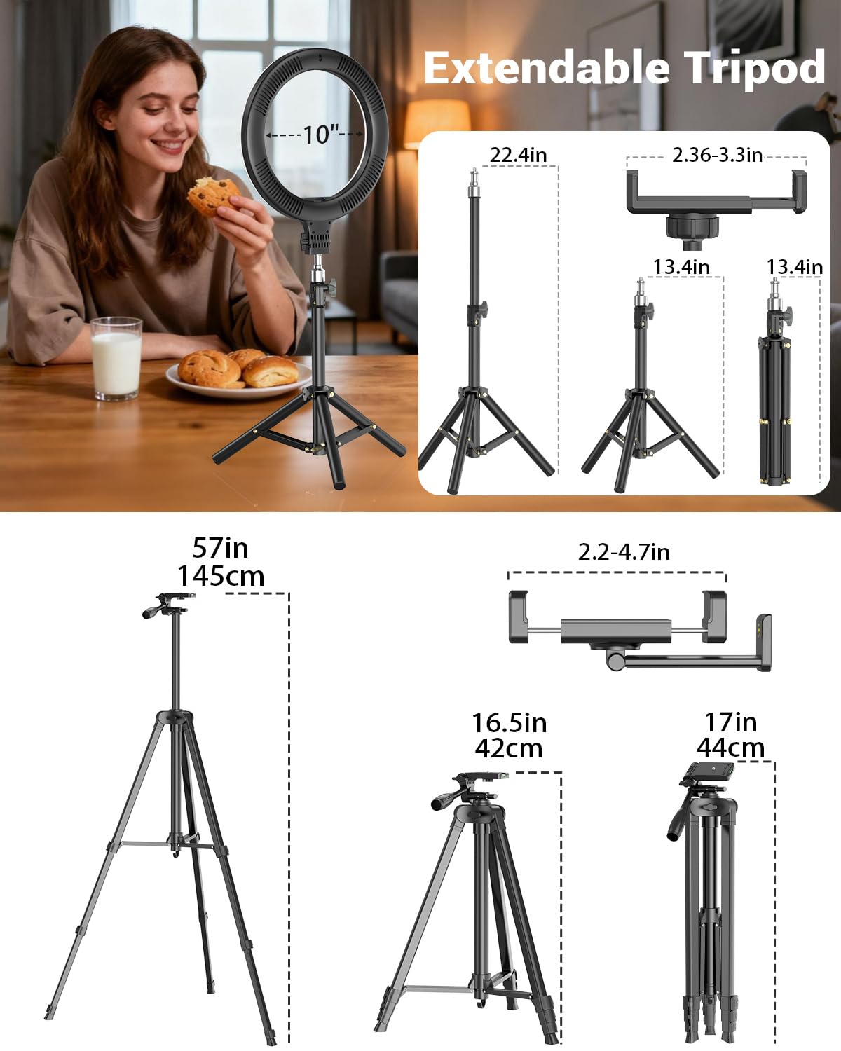 Kit di vlogging per iPhone/Android, anello luminoso per selfie da 25,4 cm con supporto, treppiede estensibile da 147 cm, treppiede da tavolo, microfono wireless, kit base per YouTube, Creatore di