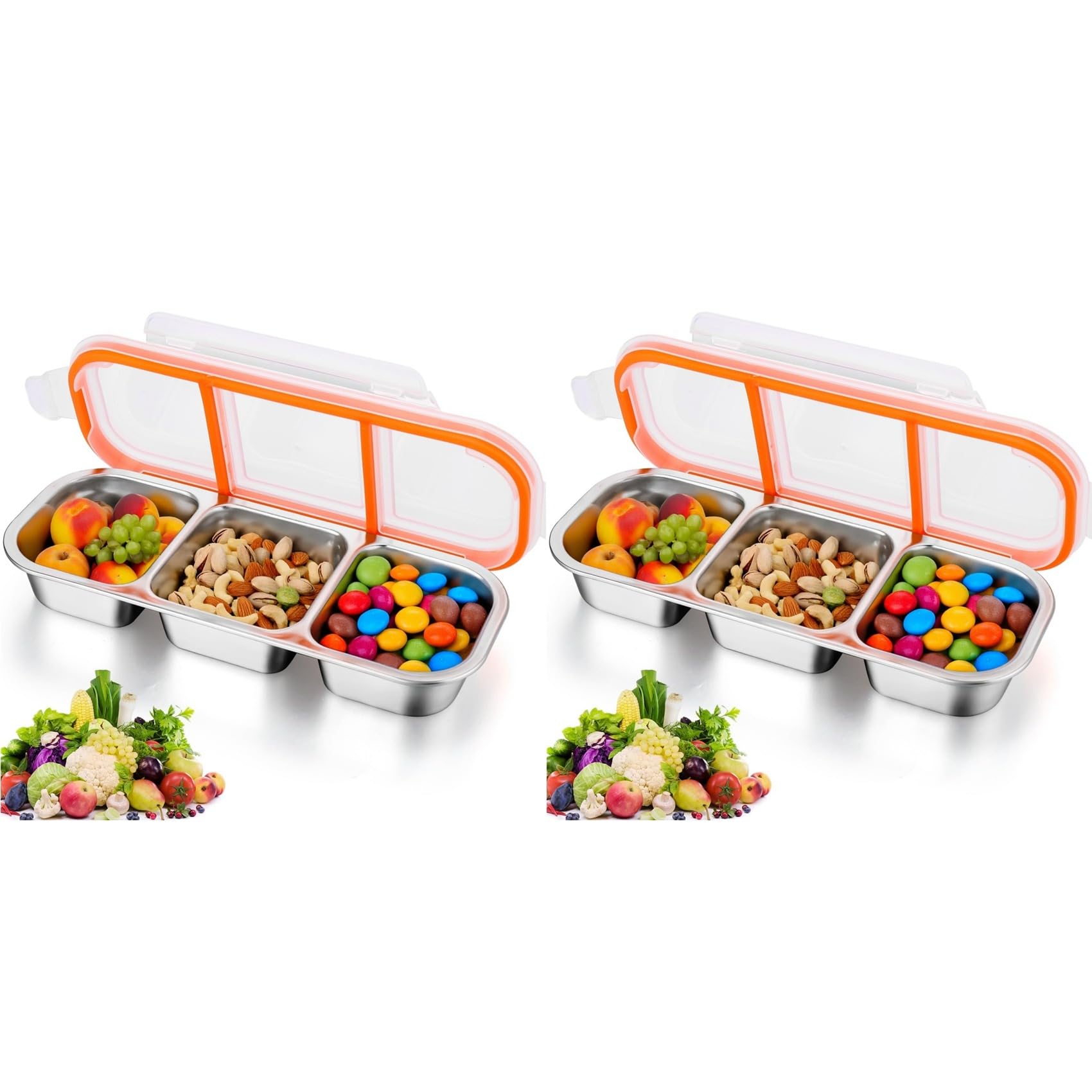 Hndhbfgrt 2X Stainless Steel Snack Containers with Lids,Metal Snack Containers, 3 Compartment Food Container