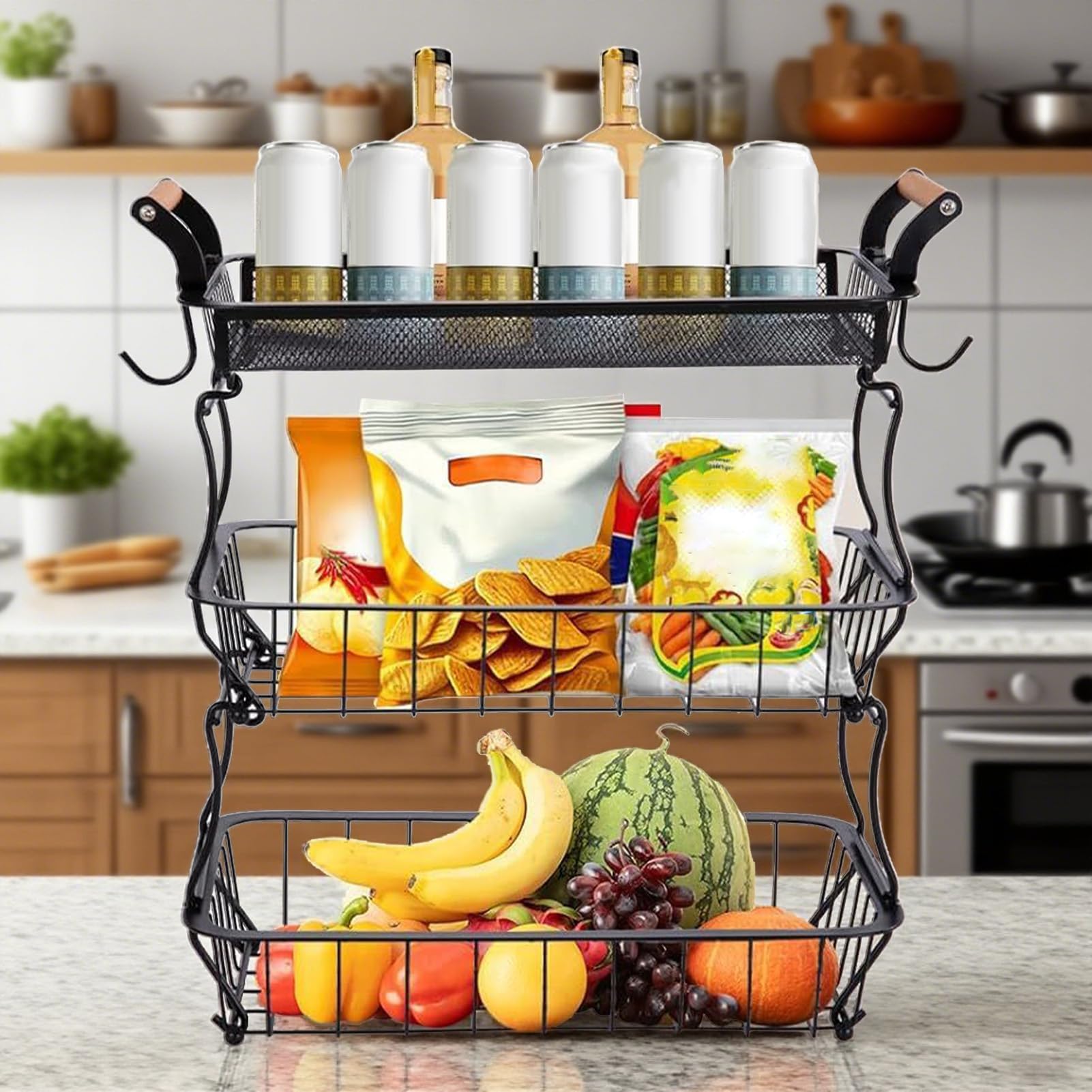 Porta Frutta Organizzatore Alimentare a 3 Livelli per Cucina con Ganci per | Ripiano Metallico per Alimenti Verdura Snack Dispensa Casa Appartamento