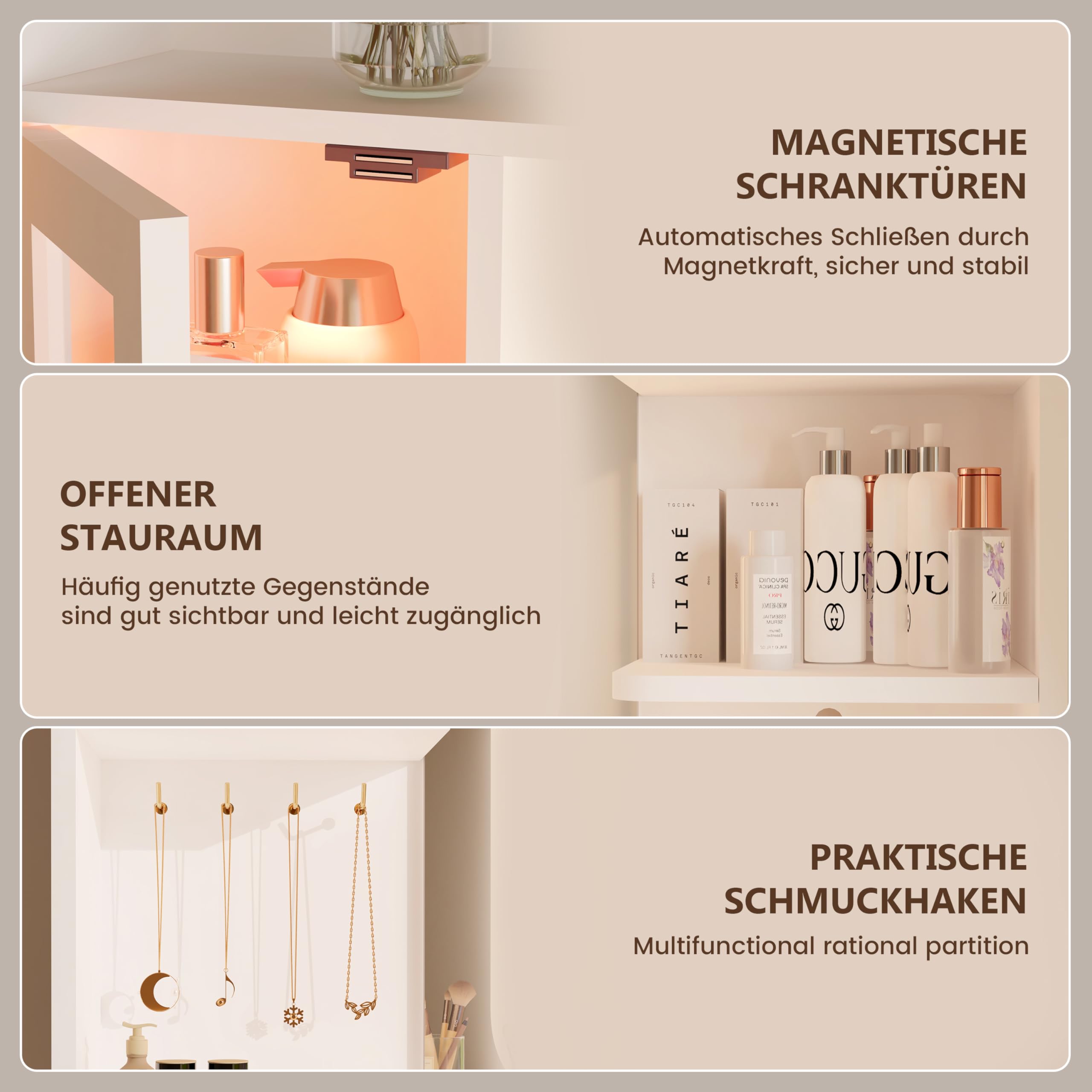 YOUDENOVA Schminktisch mit Beleuchtung und Spiegel, Großer Vanity mit Schubladen & 2 RGB-Glasvitrine, Dressing Table mit Steckdose, Frisiertisch Modern, Weihnachten Geschenke für Mädchen, Weiß