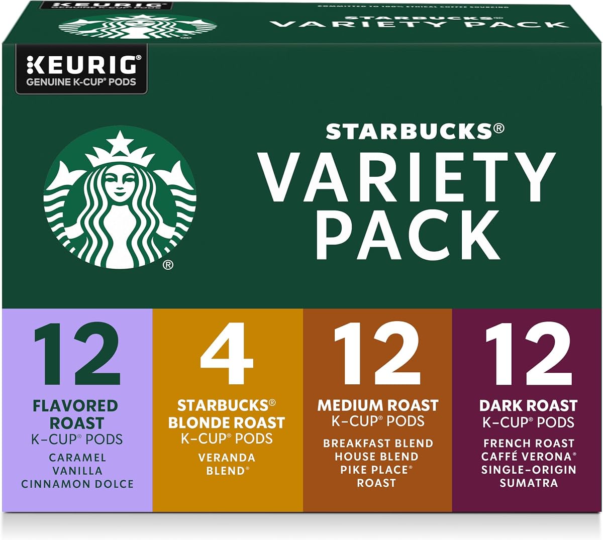 Cápsulas de café Starbucks K-Cup, Starbucks Blonde, medio, tostado oscuro y café caliente o helado con sabor, paquete variado, 40 cápsulas Keurig | Cápsulas K-Cup 100% Arábica para cervecerías Keurig; Paquete variado Starbucks Rubio, Medio, Tostado Oscuro y Saborizado; 1 caja, 40 vainas