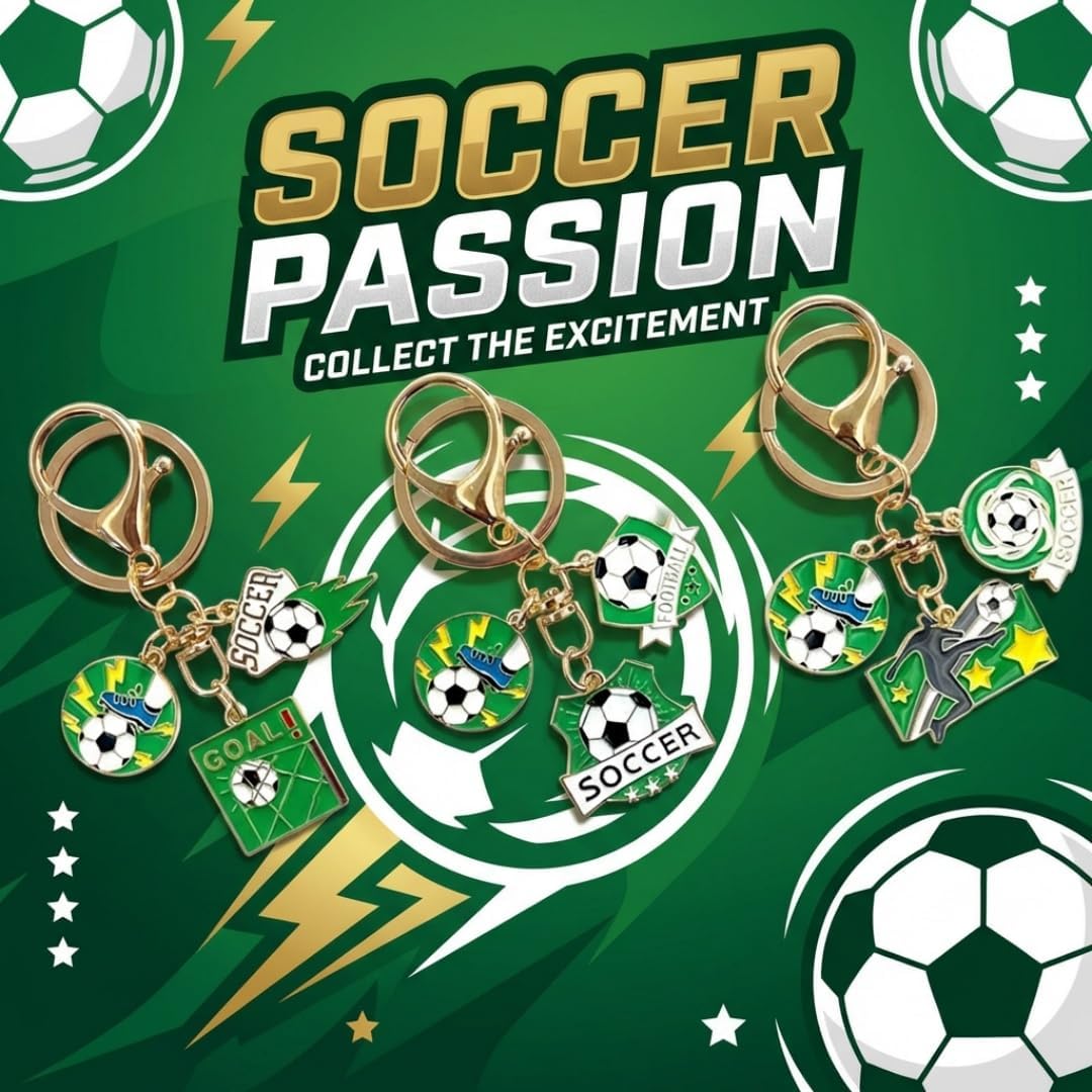 Soccer Themed Multi-Pendant Metal Keychain, Zinc Alloy Enamel GOAL Charm, Car Key Backpack Hanger Gift