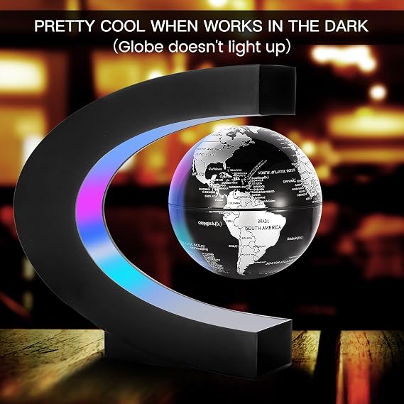 Gresus Magnetic Levitation Floating World Map Globe, C Shape Base with LED Lights, Great Fathers Students Teacher Business Boyfriend Birthday Gift for Desk Decoration (Black) (Globe doesn't light up)