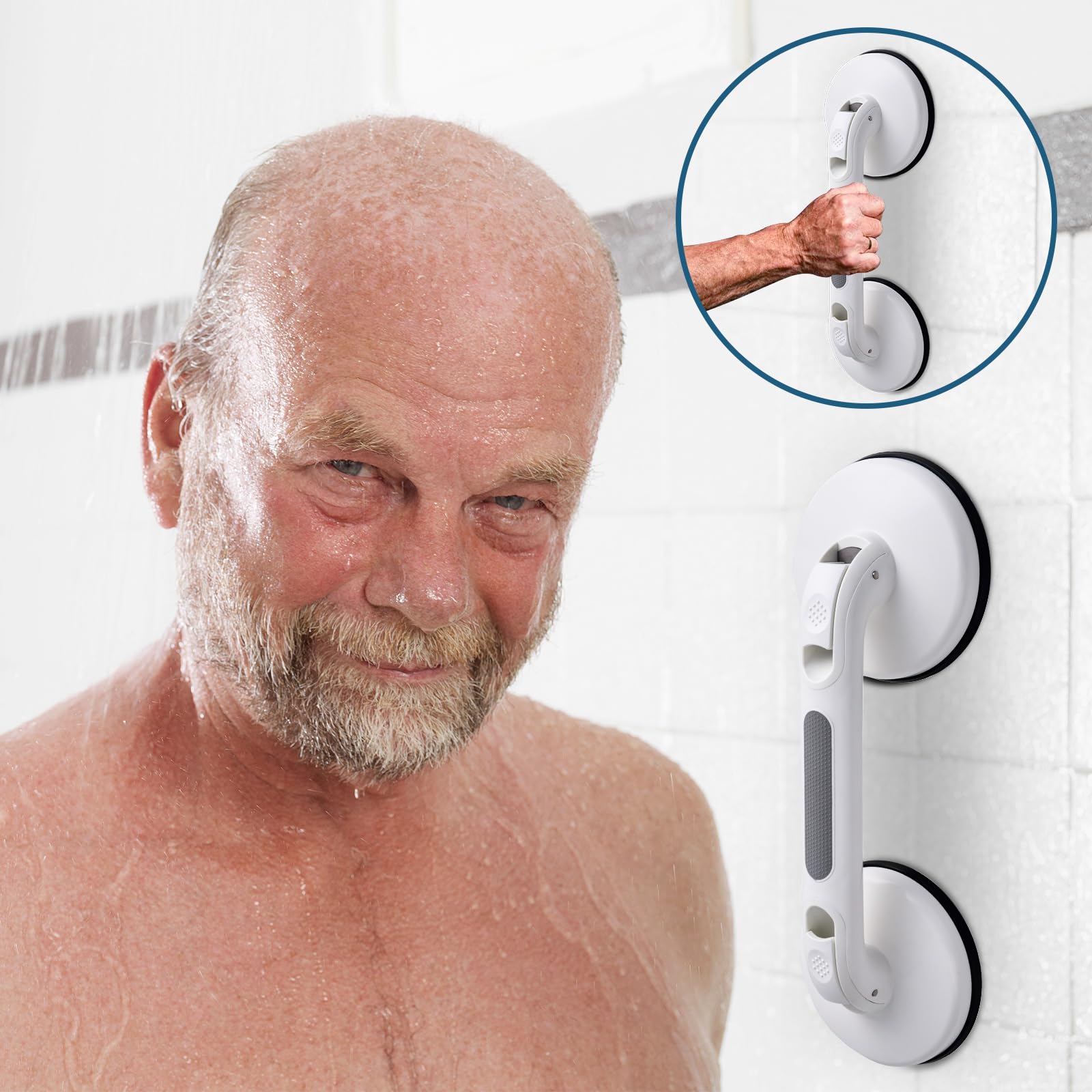 Mango de ducha para bañeras y duchas, agarre fuerte con ventosa, mango de baño, barras de agarre resistentes para discapacitados, ancianos y personas mayores (gris)