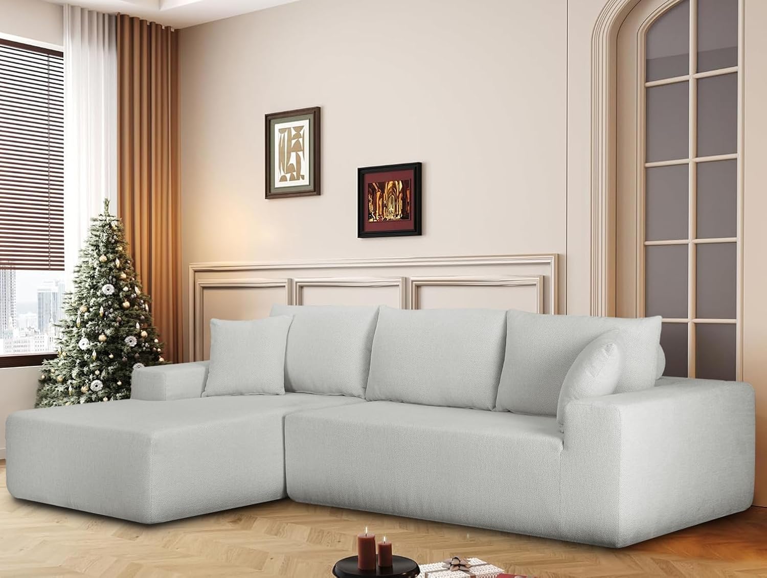 108-Inch Boneless Couch Loveseat with Chaise 2-3 Seater Cloud Couch Modular Sofa for Living Room, No Assembly Required, Chenille L Shaped Oversized 2 Pieces Sleeper Sectional (Off- White)