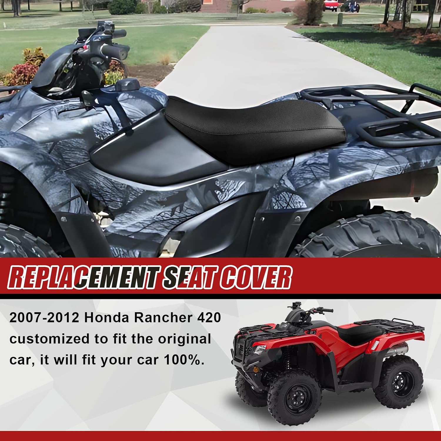 Upgraded 1.2mm Heavy Duty Seat Cover Replacement for 2007-2012 Honda Rancher 420 ATV, 4-Way Stretch Waterproof Microfiber Leather, Black