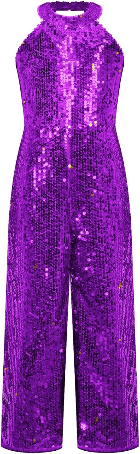 Linjinx Kids Girls Sparkle Romper Jumpsuit One-Piece Halter Neck Wide Leg Catsuit Pageant Birthday Party