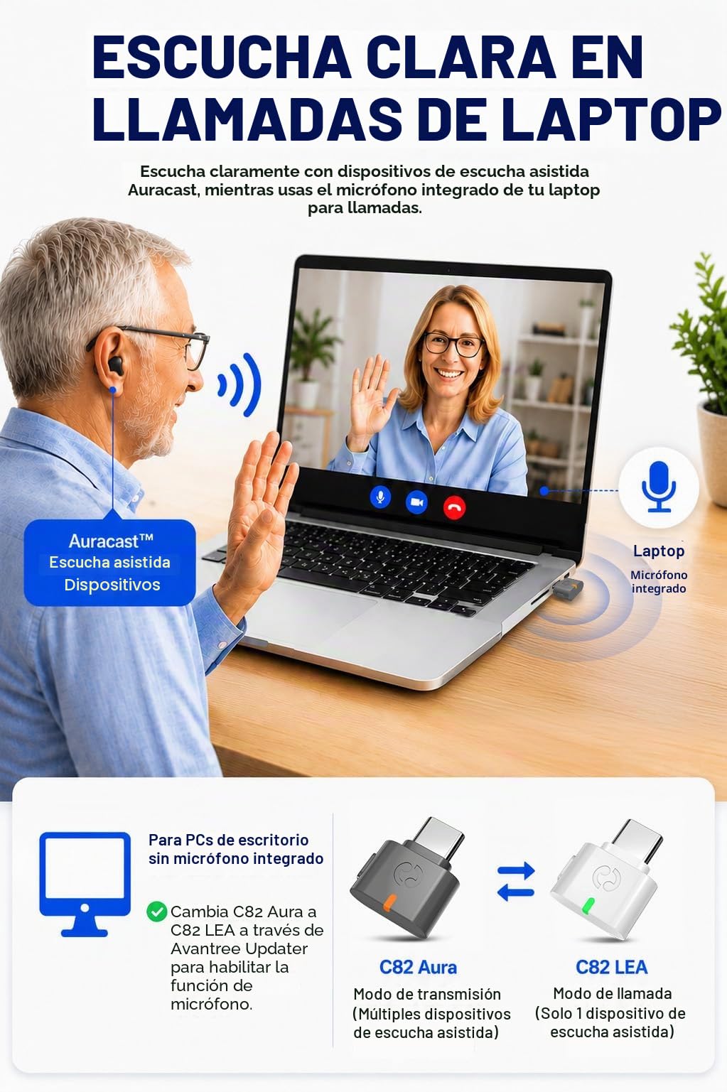 Avantree C82 Aura – Transmisor de Audio Auracast con Modos Privado y Público, Transmite a Varios Dispositivos Auracast, Bluetooth 5.4 Qualcomm, Actualizable, Adaptador USB-C para PC, Mac y Teléfonos | Qualcomm Bluetooth 5.4, firmware actualizable, adaptad